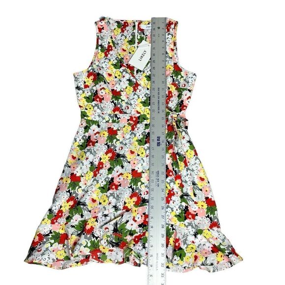 Likely Vera Faux Wrap Dress Coquette Ruffle Hem Floral Print Ivory Red Size‎ 0 - Picture 4 of 12
